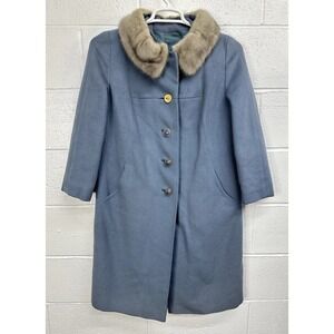 Vintage JJ O'Donnell Woman's Medium Blue 100% Cashmere‎ Over Coat w/ Fur Collar